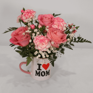 Mom’s Love in a Mug – Pink Rose & Carnation Arrangement (Oshawa Delivery)