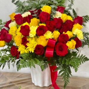 Red, Yellow Roses With Greens