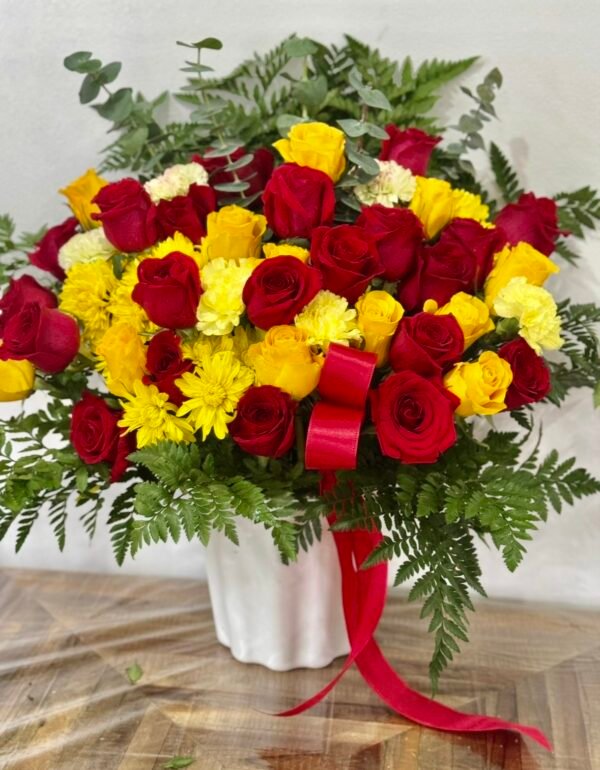 Red, Yellow Roses With Greens